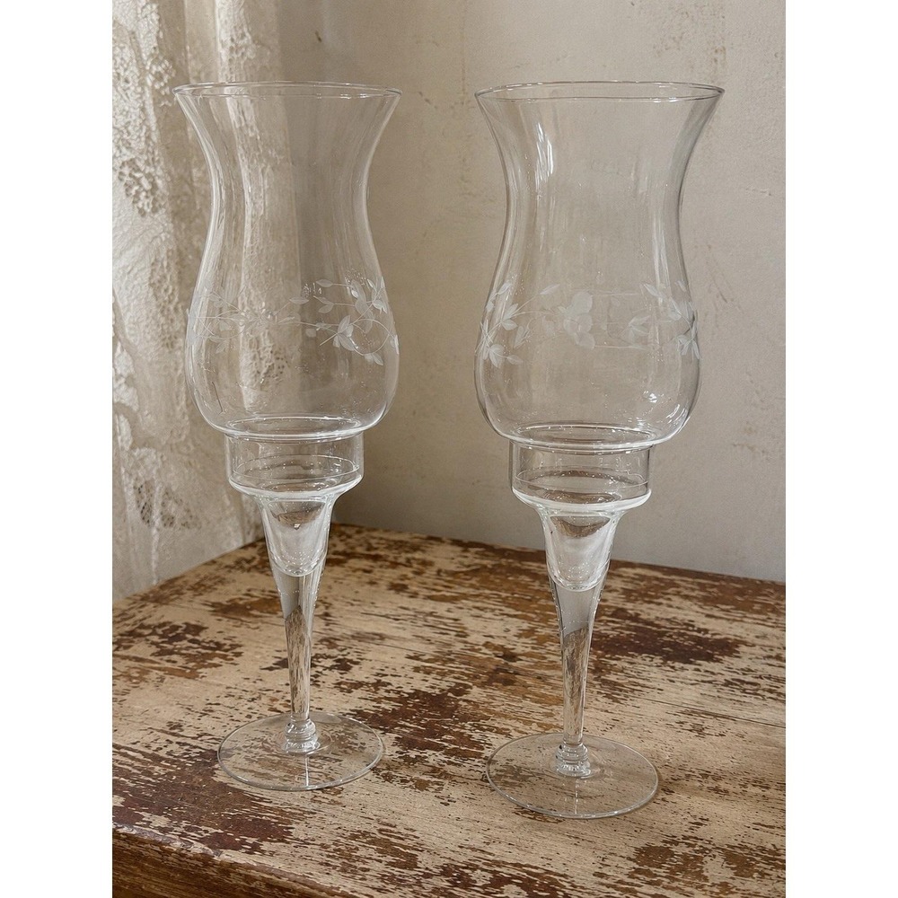 Princess House Set Of 2 Heritage Etched Crystal Hurricane Candle Holders #428